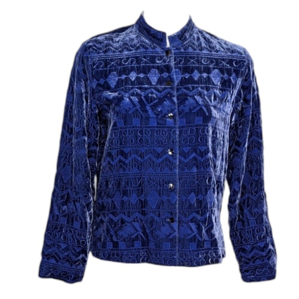 Chico's Blue Black Velvet Embossed Silk Aztec Print Button Front Lined Jacket